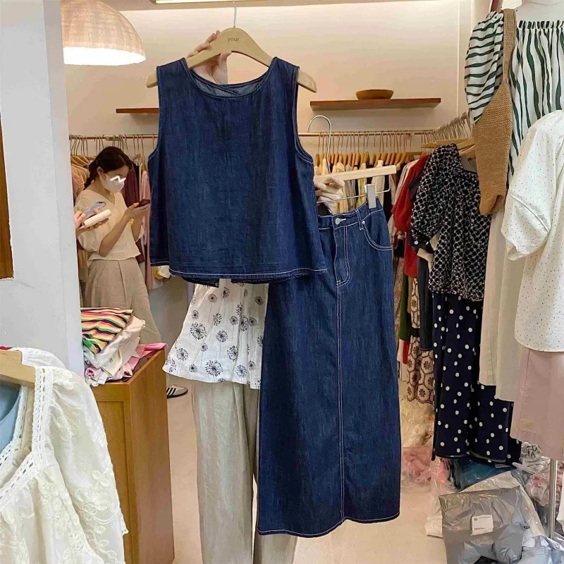 Summer Casual round Neck Sleeveless Vest High Slit Mini Midi Skirt Denim Set Womens Fashion Age Reduction Skirt Suit 250408