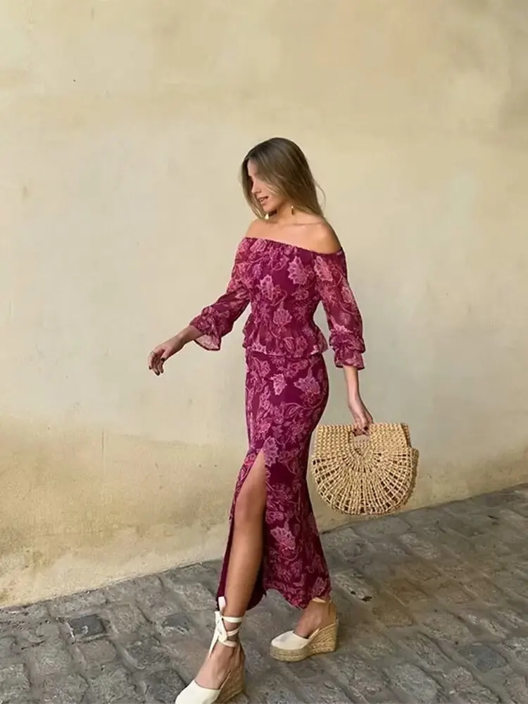 European and American style printed suit for women one-shoulder slim long-sleeved shirt with high-waisted straight slit ski 251104