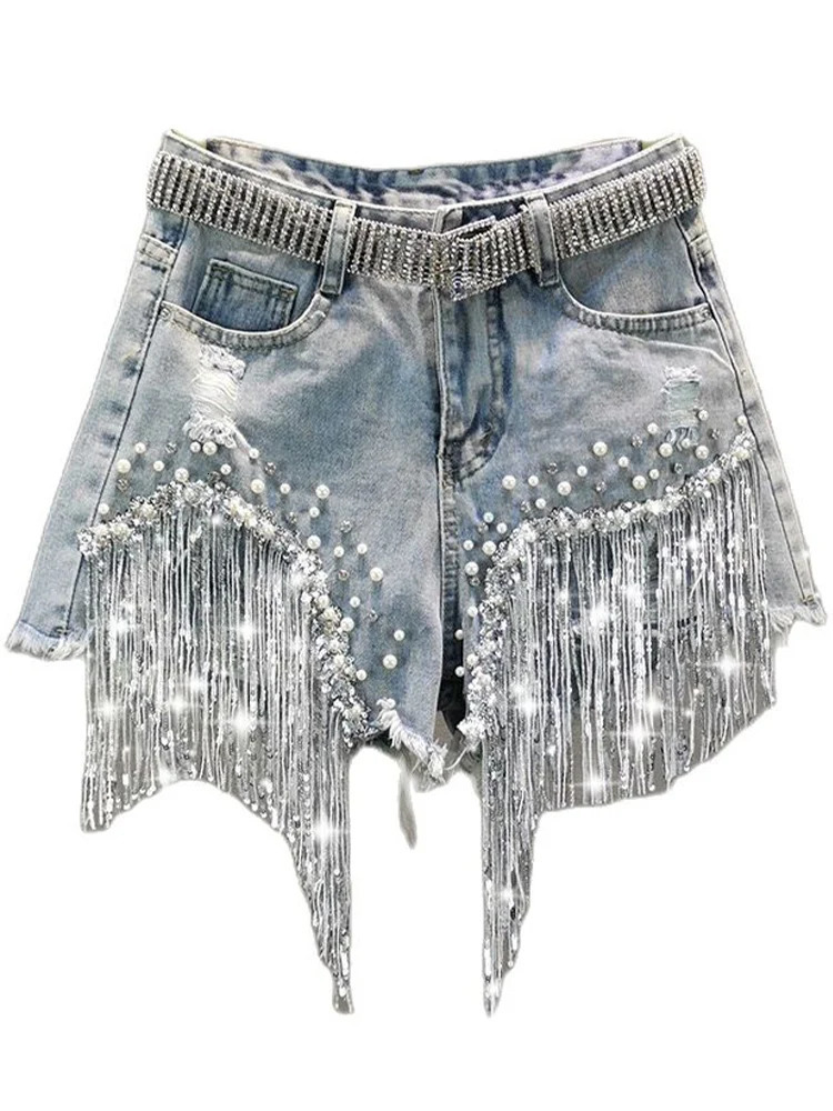 Summer elegant shorts tassel bead high waist wide leg denim casual solid 250327
