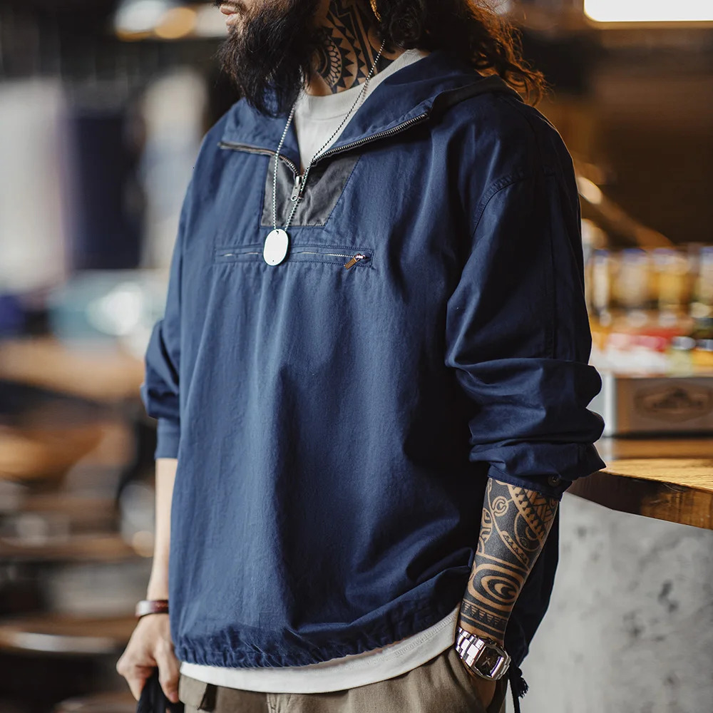Madens retro colored hooded jacket mens spring loose suit navy blue casual outdoor puller 250407