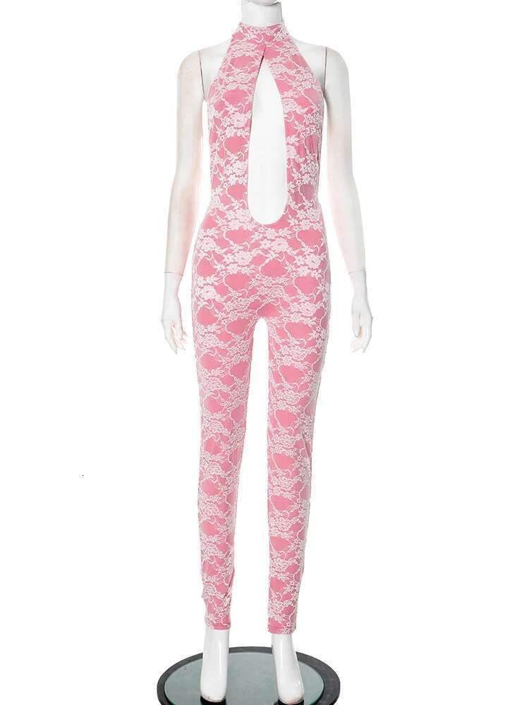 Weird Puss Mesh Patchwork Jumpsuit Women Irregular Hollow Halter Sexy Backless Skinny Peach Hip Hottie Hipster Overalls