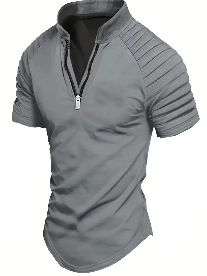 Mens polo shirt for spring sports solid color stand up collar pleated zipper breathable and casual summer fashion top short sleeved 250402