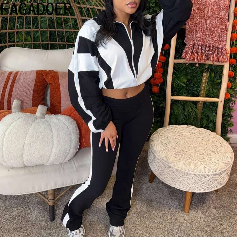 FAGADOER Spring New Casual Two Piece Outfits Woman Color Block Long Sleeve Zipper Jacket And Jogger Pants Tracksuit Streetwear