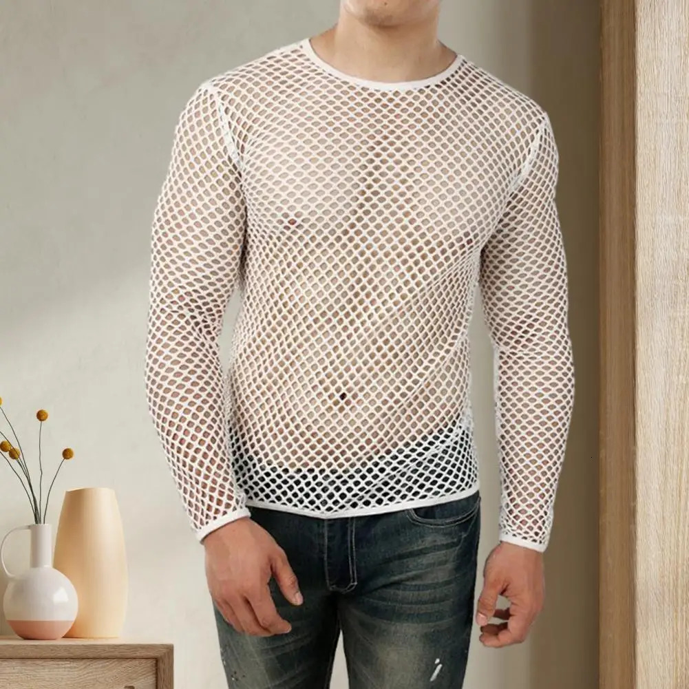 Men Club Top See-through Hollow Out Fishnet O Neck Short Sleeve Loose Thin Pullover Hip Hop Streetwear Men T-shirt 250407