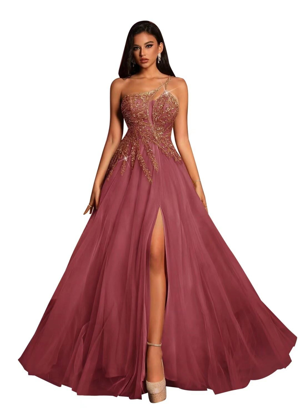 Long Prom Dresses Elegant One-Shoulder Sequins Beading Split Tulle Lase-up A-Line Plus Size Formal Occasion Evening Party Gown Pd12