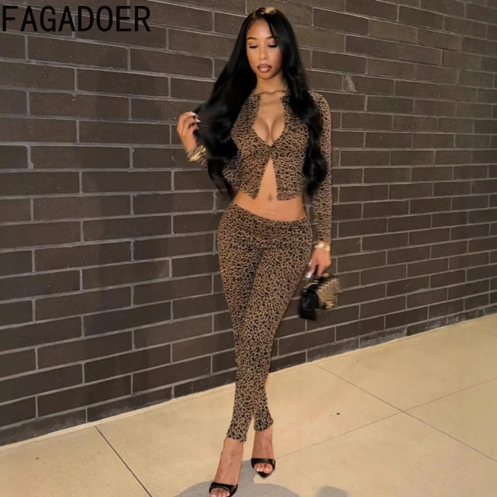 FAGADOER Fashion Leopard Print 2 Piece Sets Women Outfit Long Sleeve Crop Top Low Waist Skinny Pants Suits Female Streetwear 250407