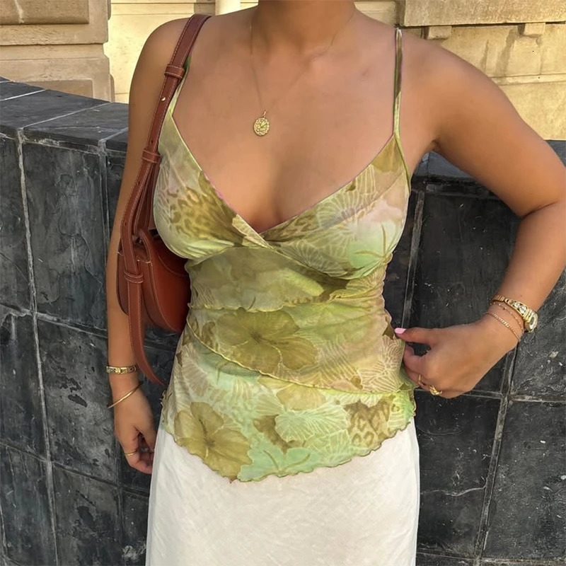 Bohemian beach backless vest womens vest Y2k Coquette tie dye printed vest elegant womens V-neck sleeveless layered crop top 250403