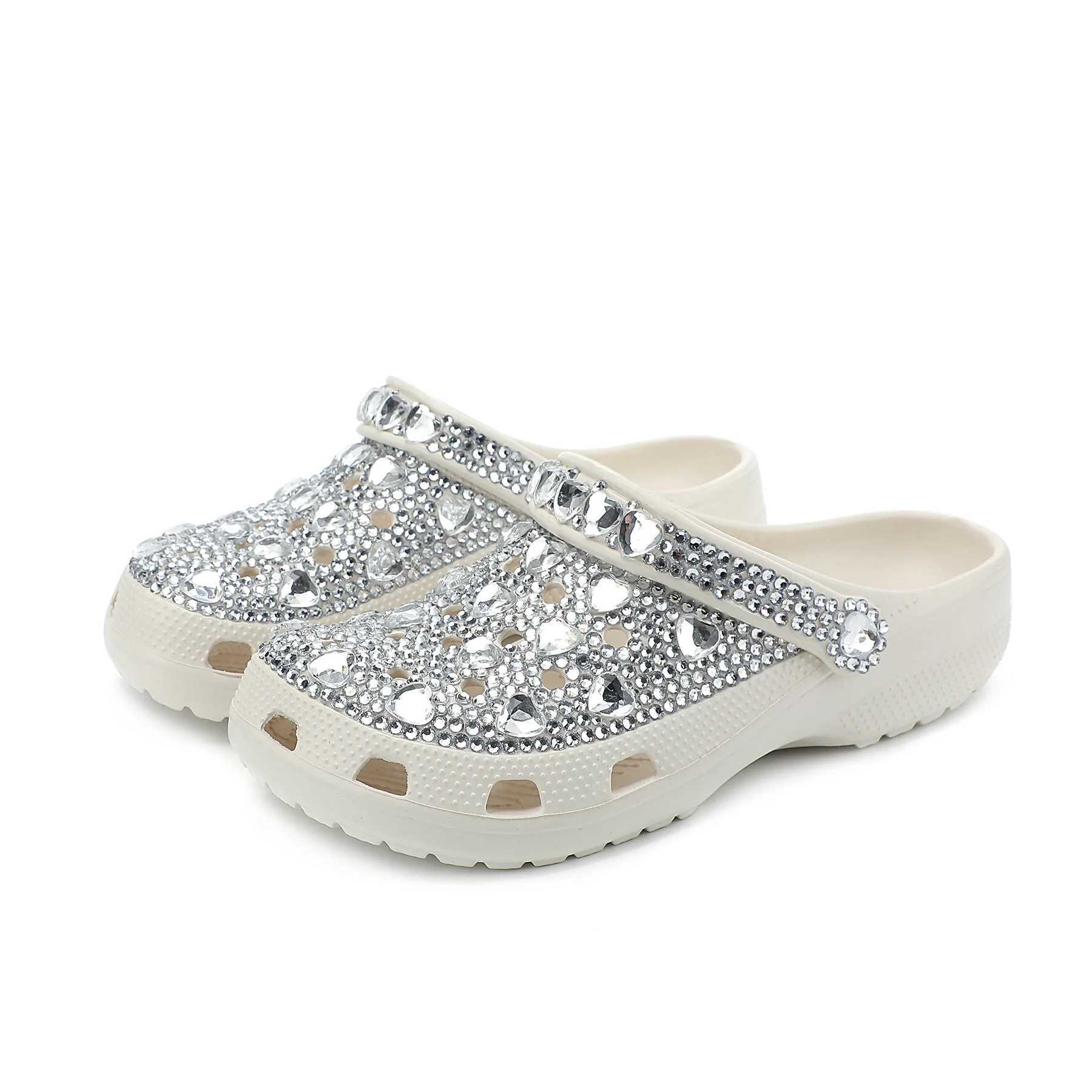 New Arrival Handmade diamond studded perforated shoes semi tow exquisite and elegant beach slippers summer womens casual shoes T250407