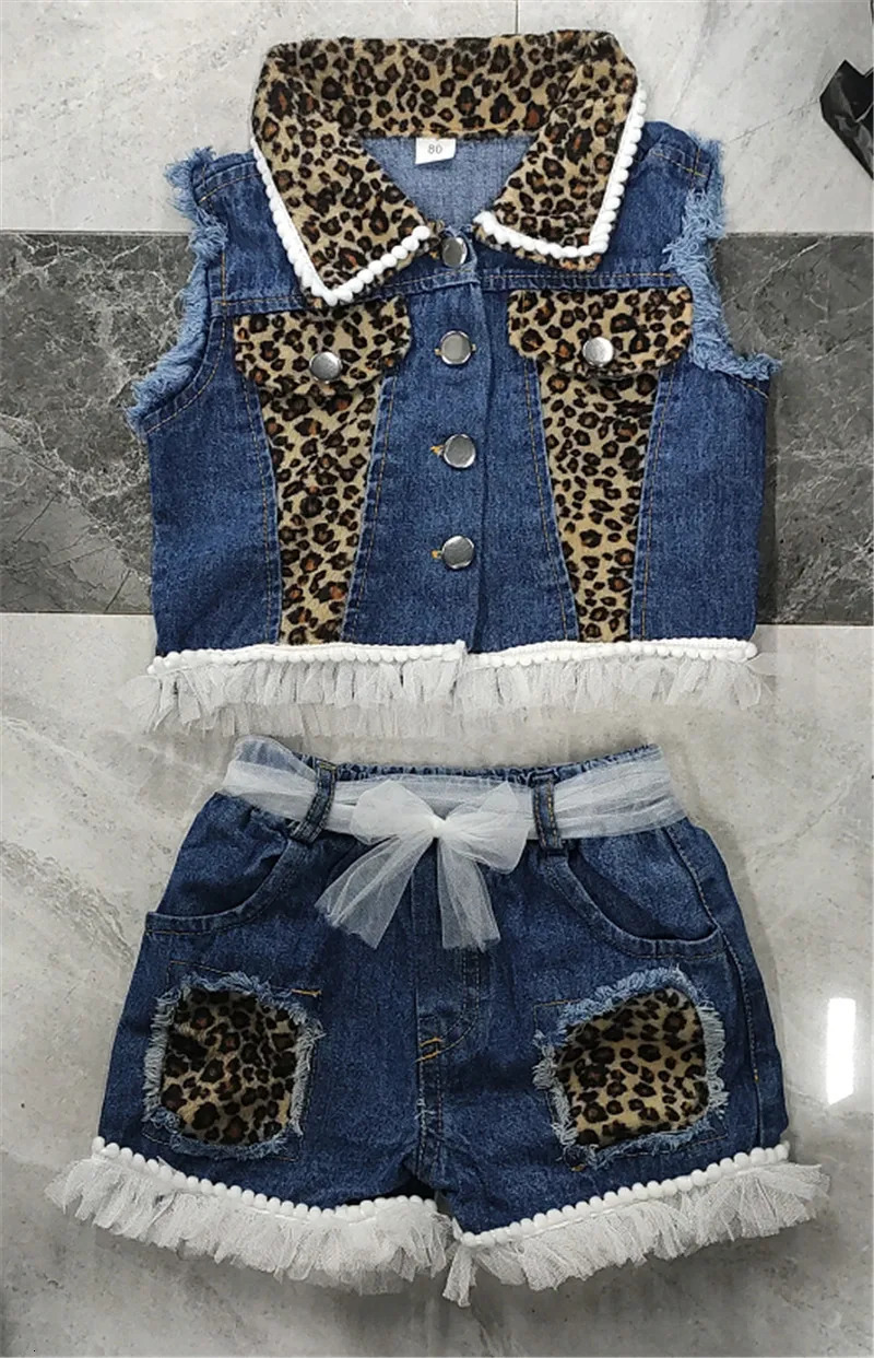 1-6years Baby Girls Denim Casual Outfit Sets Sleeveless Leopard Print Denim Top Leopard Print Denim Shorts Suits Girls 250407