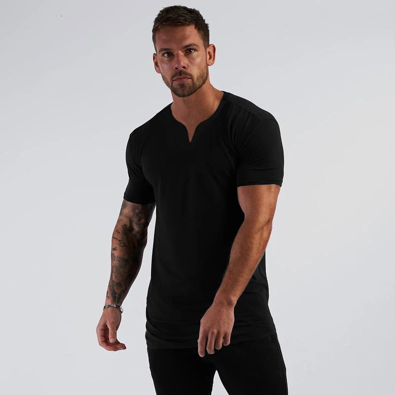 Summer mini V-neck short sleeved mens slim fit T-shirt sports and leisure gym clothing fitness T-shirt 250402