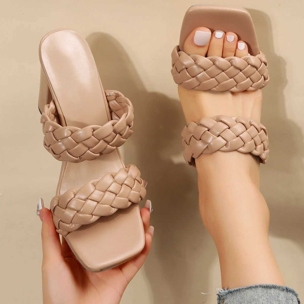 Double woven belt thick high-heeled sandals for womens summer 2025 square toe high-heeled slippers for womens Fi slip sandalsXJ250407