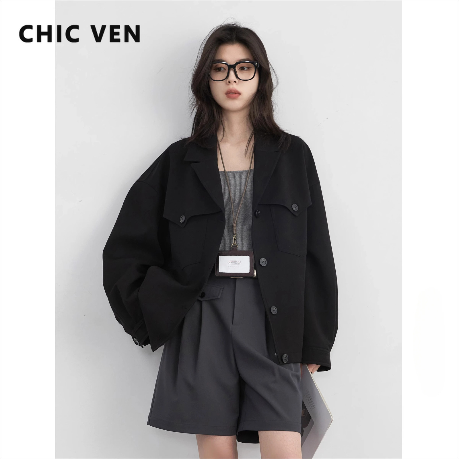 CHIC VEN Streetwear Womens Jacket Casual Solid Black Loose Coat Single Chest Short Spring Autumn 250407