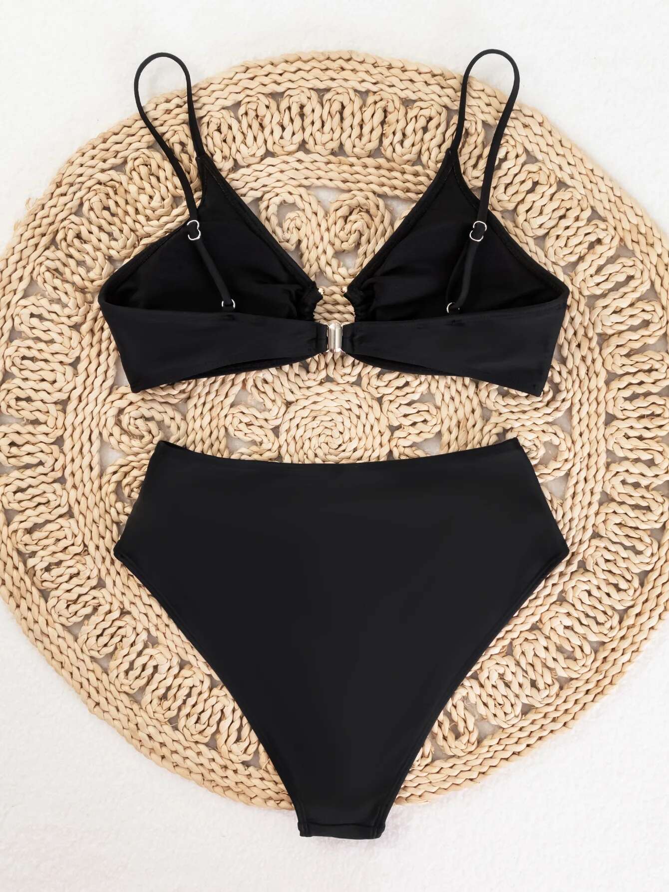 Dongdumaoyi Summer Bikini Women Black Metal Ring Linked Cut Out Push Up Swimsuit Beach Bathing Suit Pleate High Waist Swimwear Biquini