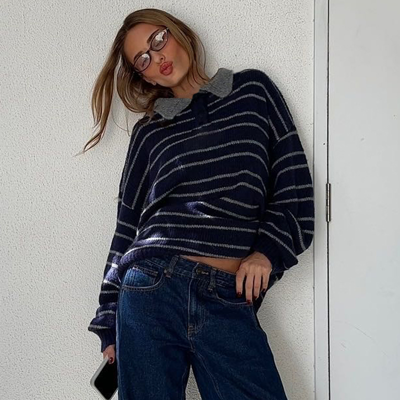 Women's Long Sleeve Clashing Stripe Sweater, POLO neck drop shoulder loose top, Street Fashion Vacationwinter clothes for women, herbst kleidung 