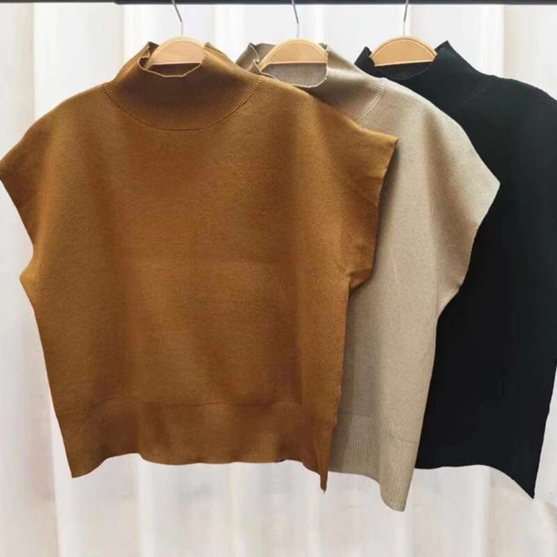 Fashion Vest Shirt Solid Stand-Up Collar Knitted Sweater Short Sleeve Office Lady Loose Elegant All-Match Straight Tops 20397