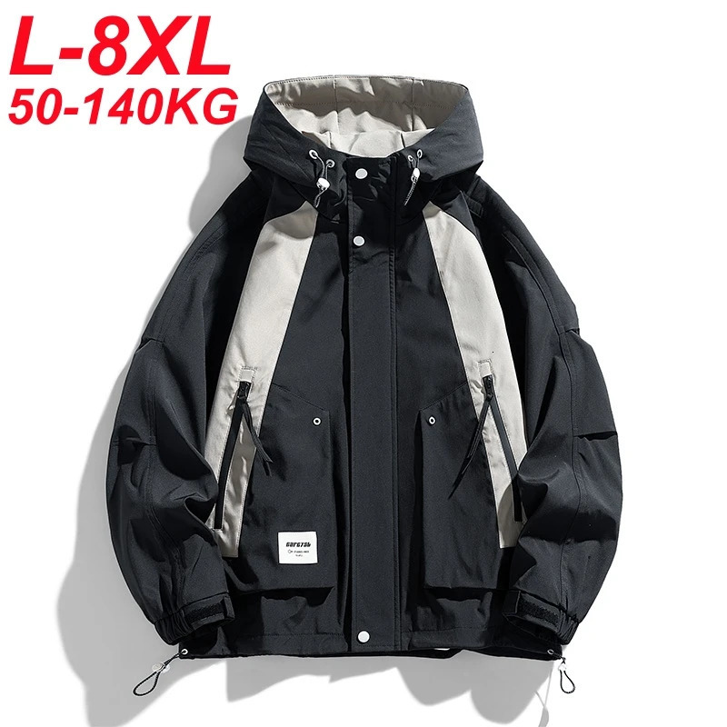 Mens jacket waterproof and windproof cover oversized trench 6XL 7XL 8XL black camping bomber loose thin soft shell 250407