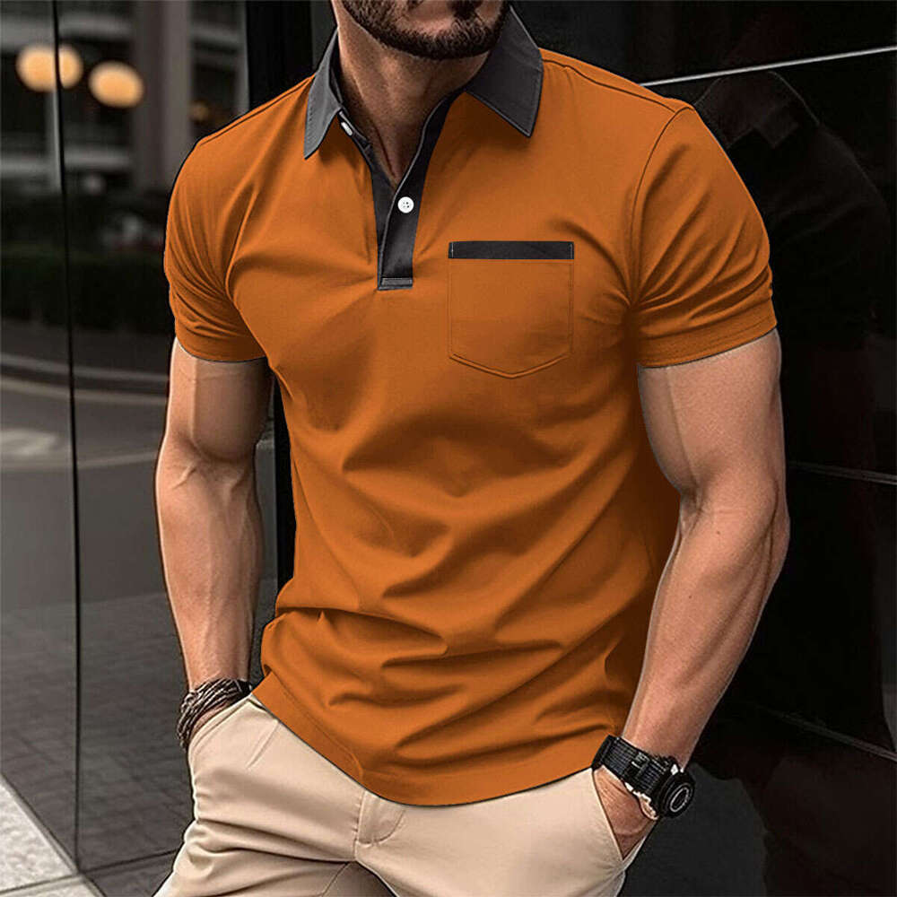 European and American collar fashionable slim fit chest pocket short sleeved men's T-shirt polo shirt 2025 new casual fashion trend clothing