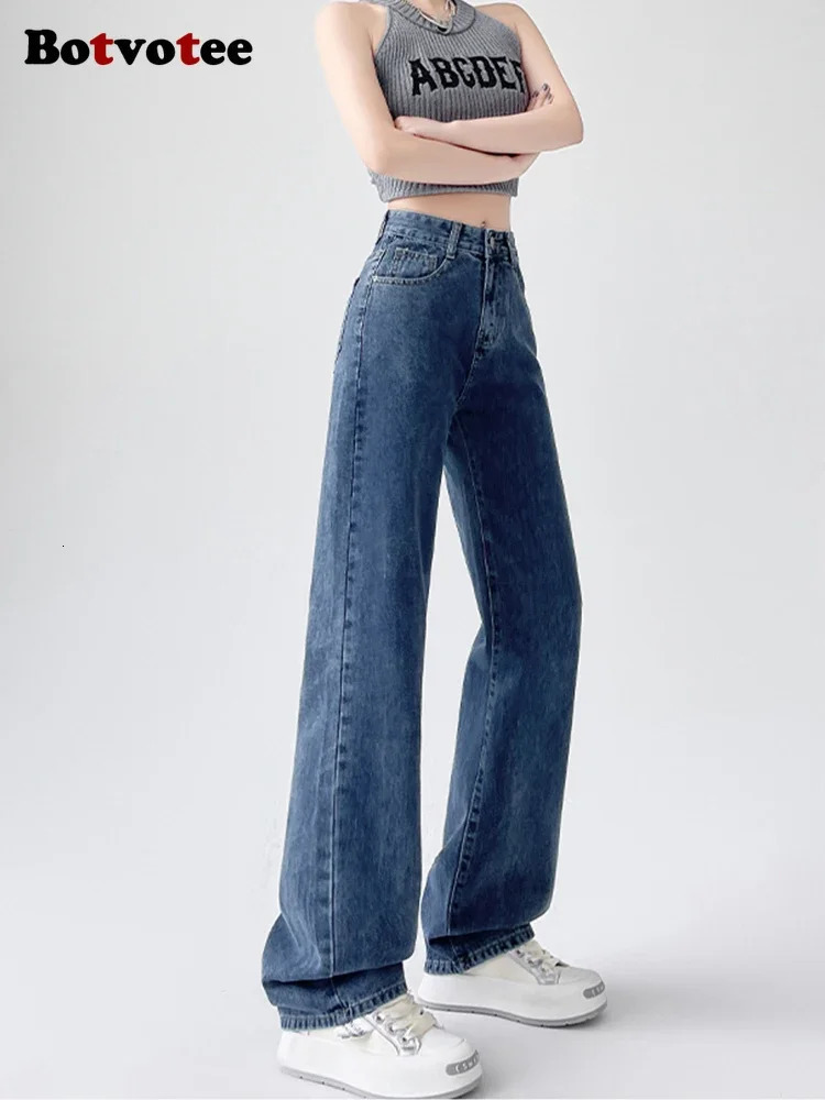 Botvotee White Straight High Waist Womens Jeans SpringSummer Korean Fashion Strap Retro Clothing Blue 250407