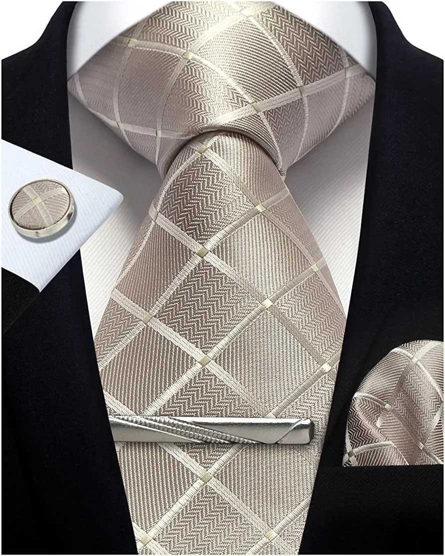 100% Silk Ties for Men Plaid Checks Tie Clip Handkerchief Woven Classic Mens Necktie Pocket Square Set Formal Wedding Ties X250407