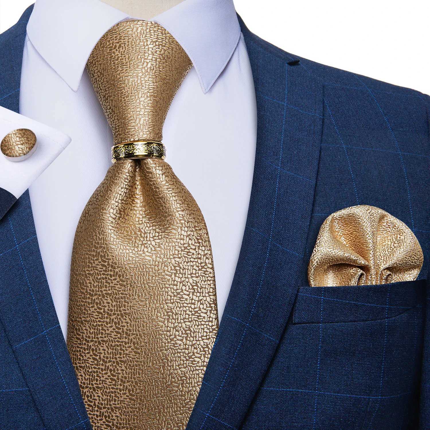 Red Mens Solid Tie Set Handkerchief Cufflinks With Luxury Gold Metal Dragon Ring Wedding Party Accessories 8CM Silk Necktie X250407