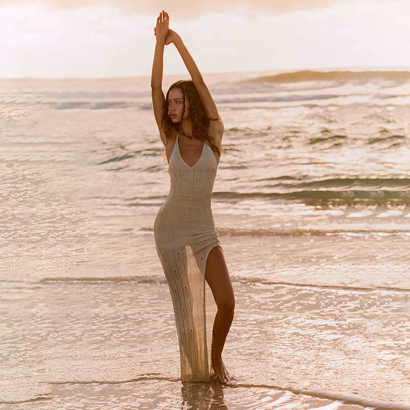 Summer new camisole skirt beach vacation mid length skirt knitted perforated V-neck slit dress
