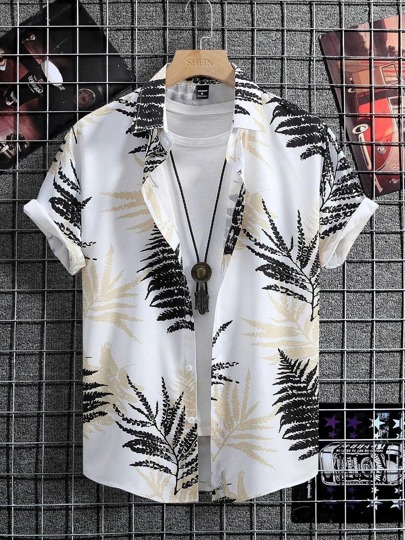 Mens Hawaiian pine palm tree floral print casual short sleeved mens button up topXJ250407