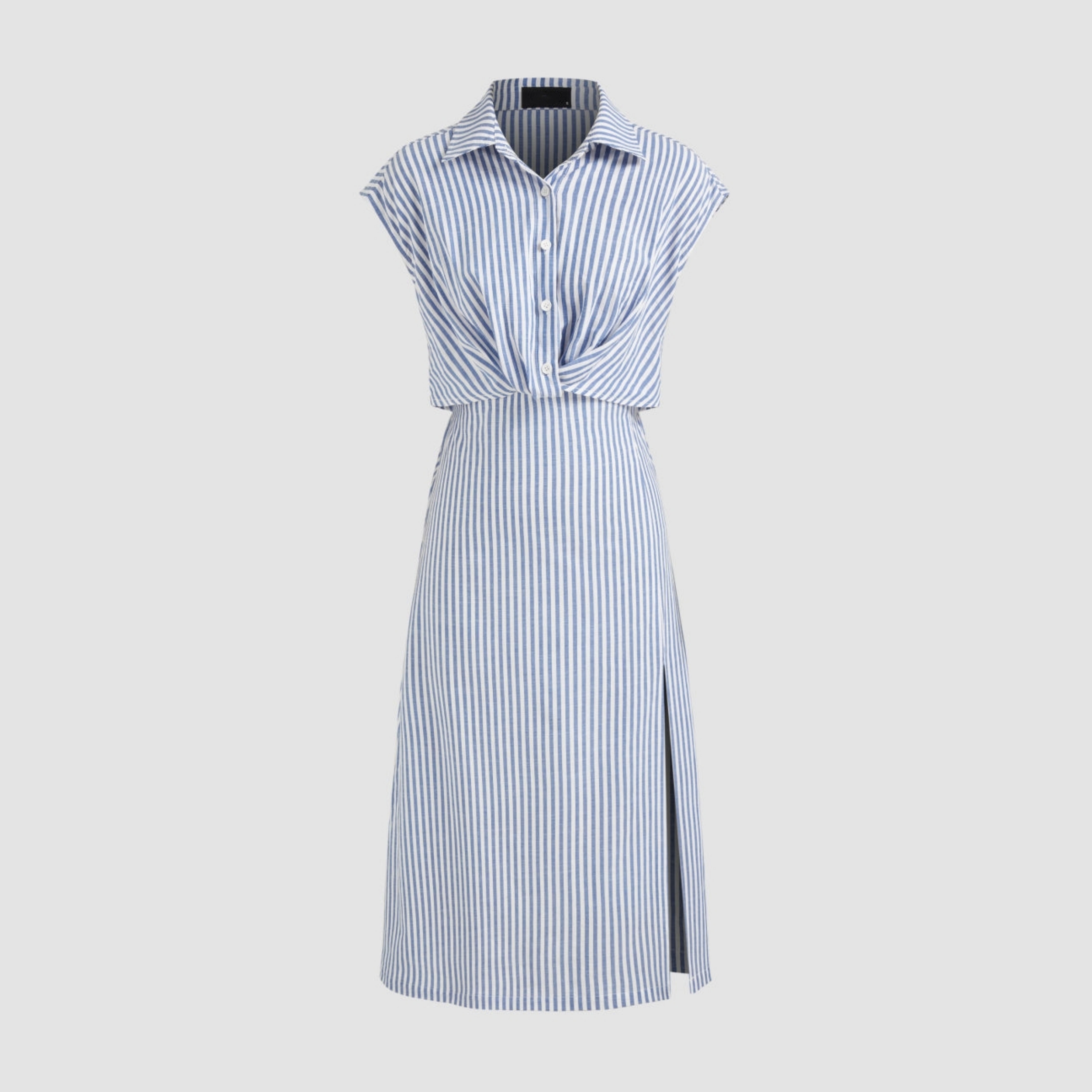 Women's White and Blue Striped Midi Shirt Dress Cotton-blend Collar Split Knotted Cap Sleeves Work Dress