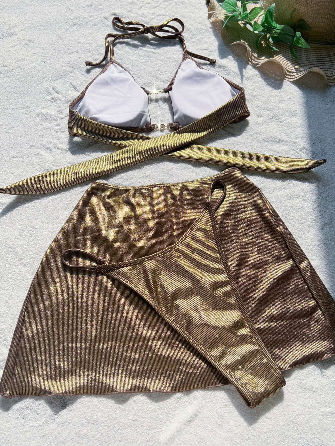 Dongdumaoyi Luxury Pearl Bikini Set Women Sexy Gold Hollow Out Push Up Metal Skirt Piece Swimsuit Beach Bathing Suit Thong Swimwear