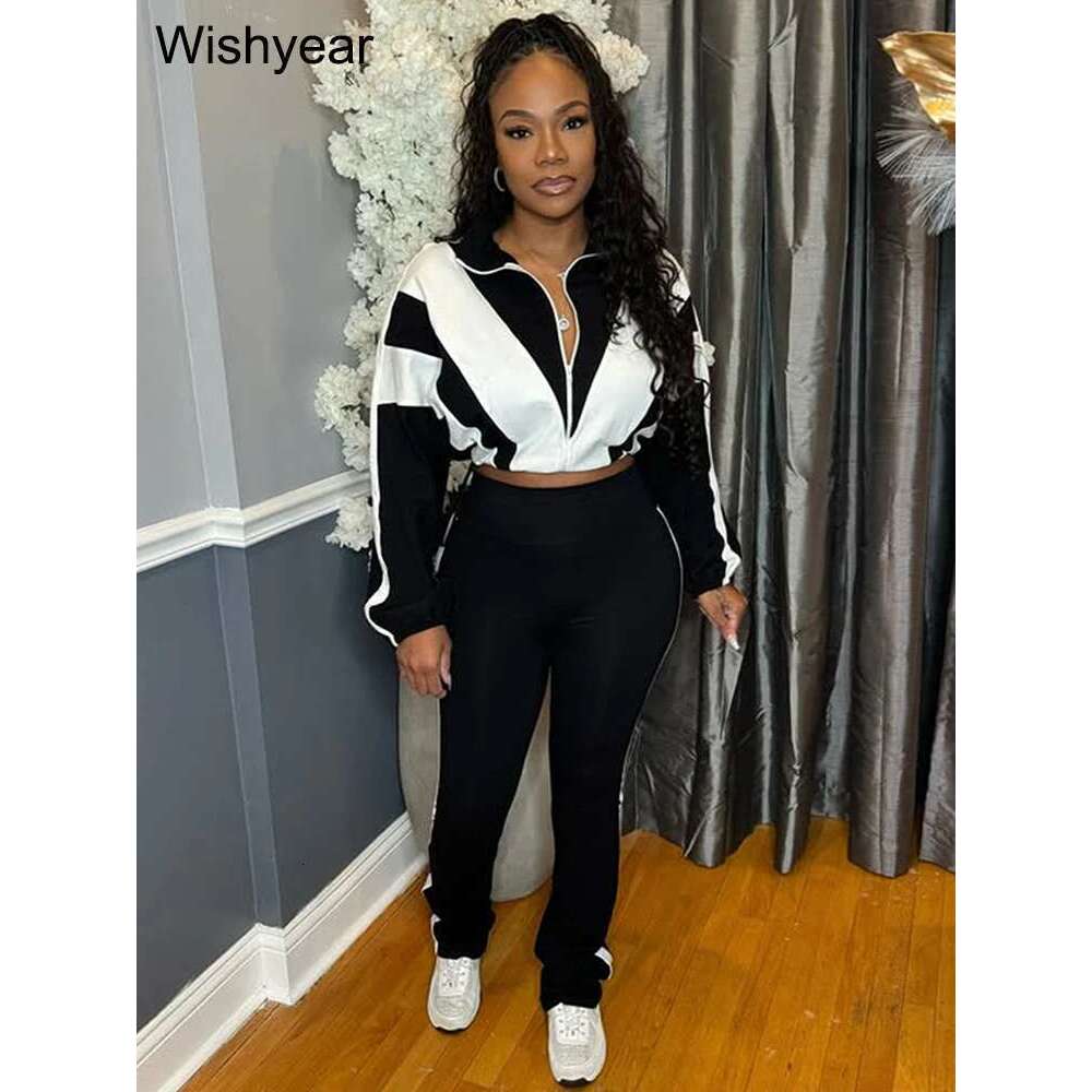 Fashion Patchwork Long Sleeve Zipper Crop Jacket And Skinny Pencil Pants Two Piece Set Woman Tracksuit Jogger Sports Outfits