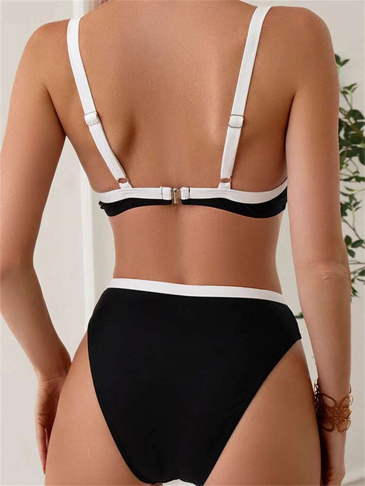Dongdumaoyi Sexy Black White Patchwork Bikini Women Halter V Underwire Push Up Micro Swimsuit Beach Bathing Suit High Waist Swimwear