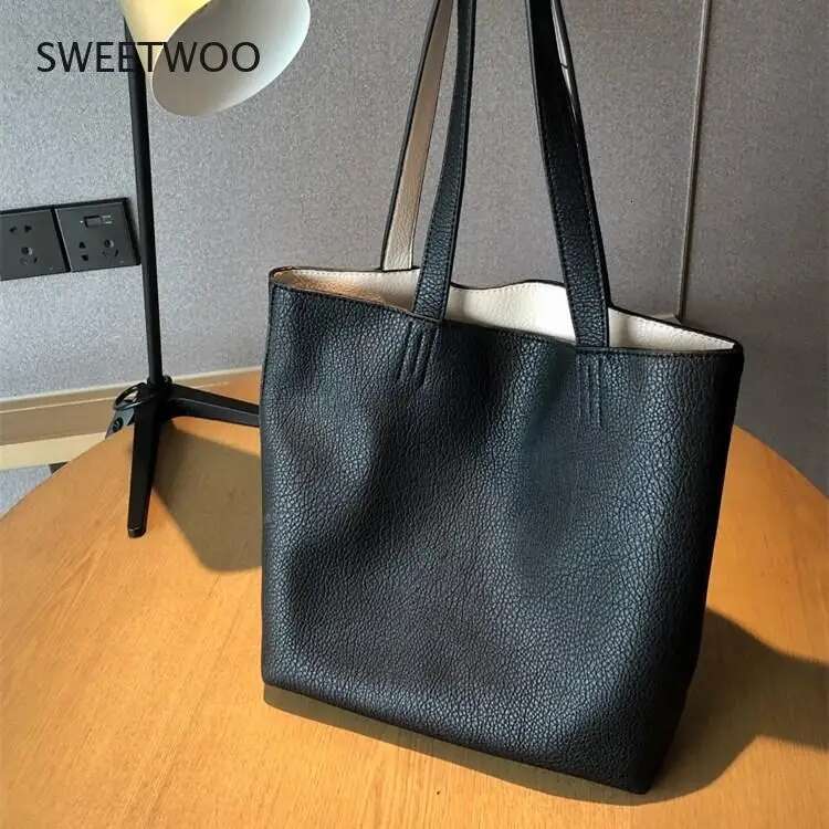 PU Leather Ladies Novelty Design Shoulder For Women Double Side Color Student Book Shopping Bag Large Capacity Tote Handbag