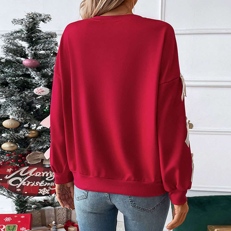 Autumn winter European and American hot items, sweet style top, round neck bow red Christmas hoodie, women's 2025 new casual fashion trend clothi