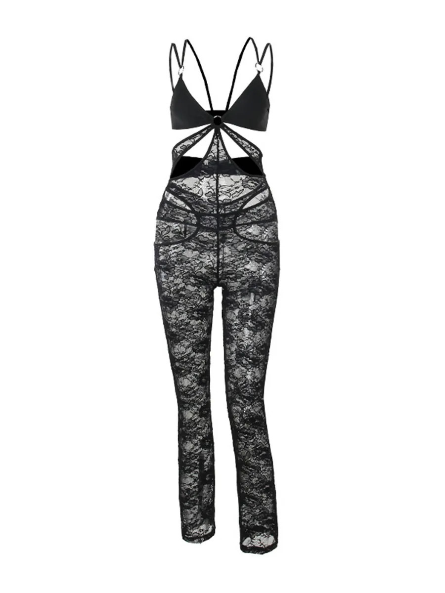 Women s Summer Romper Sleeveless Spaghetti Strap Hollow Out Sheer Lace Jumpsuit Pants Playsuit 250407