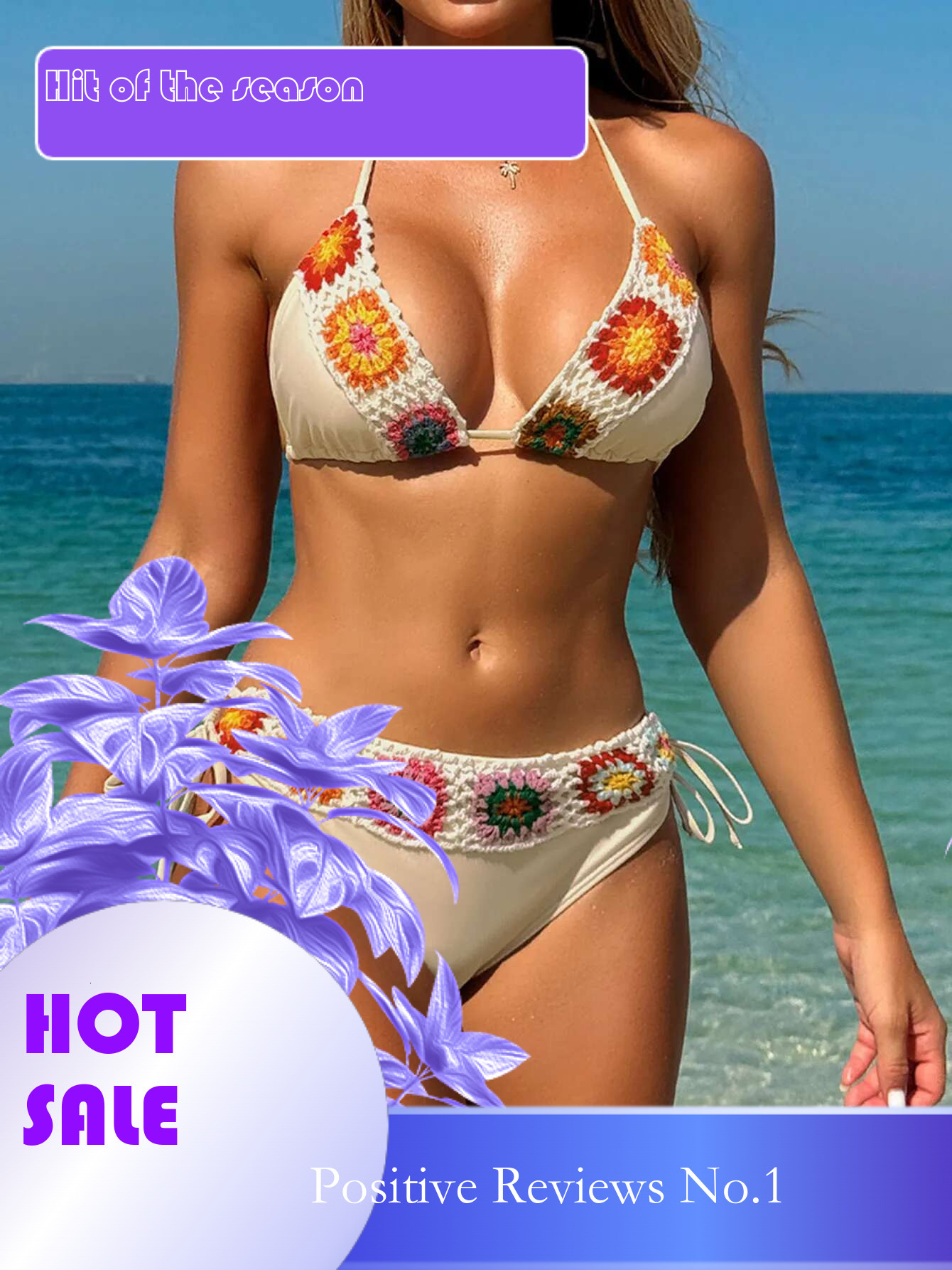 Dongdumaoyi Sexy Black Sunflower Crochet Bikini Women Halter Push Up Drawstring Side High Waist Swimsuit Beach Bathing Suit Swimwear