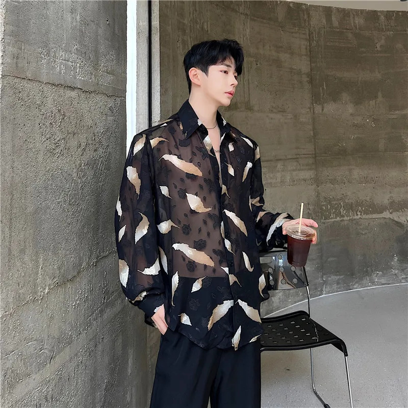Men Sexy Feather Hollowed Out Shirt Mens Lapel Long Sleeved Transparent Clothing Streetwear Casual Loose Trendy Tops 250407