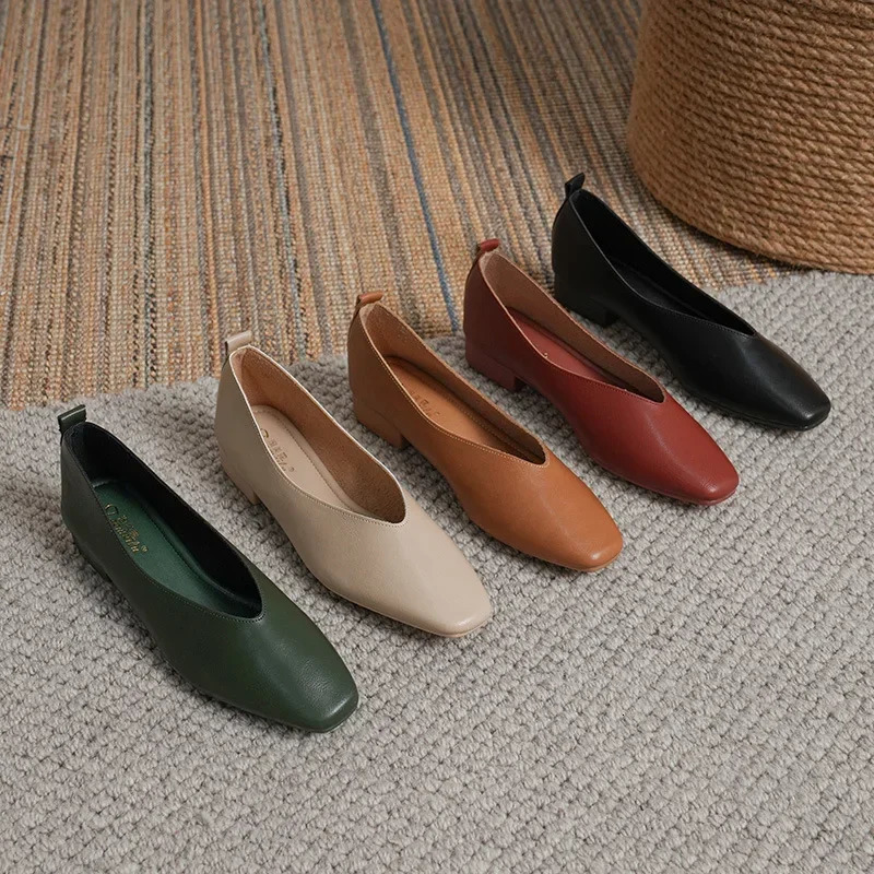 Genuine Leather Multi-color Low-heeled womens Shoes Round Toe Flat Bottom Shallow Cut Single Shoe Casual Versatile Loafers 250407
