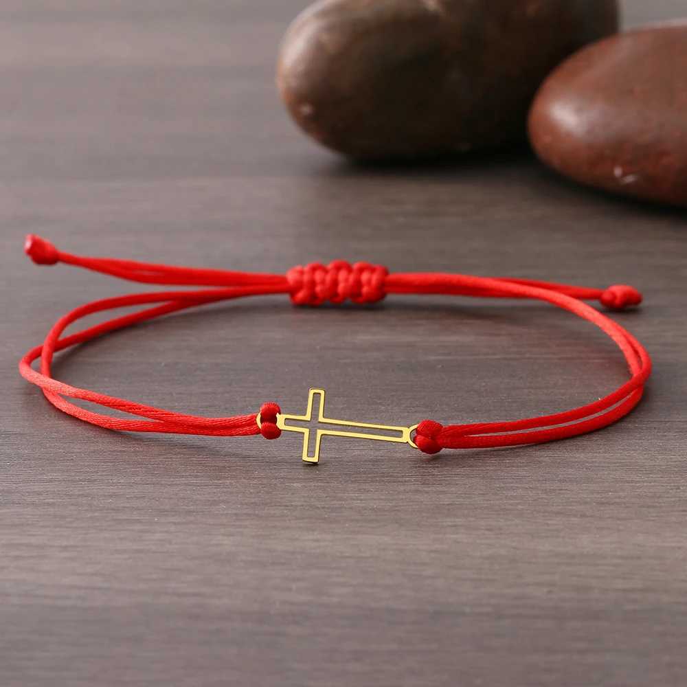 Stainl Steel Bracelets Gothic Hollow Cross Hand Braided Lucky Black Rope Fashion Charm Bracelet For Wen Jewelry GiftsC250408