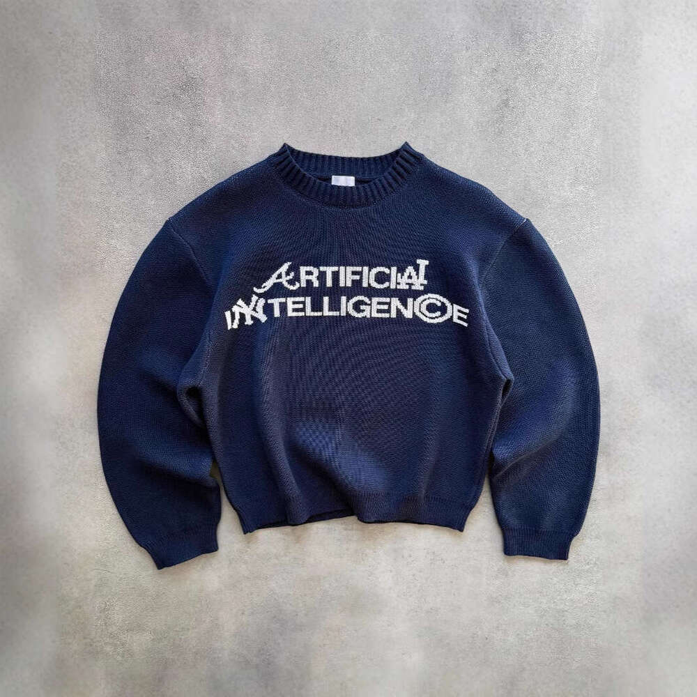 Casual temperament navy blue round neck letter jacquard unisex winter pullover fashionable knitted sweater gift for boys
