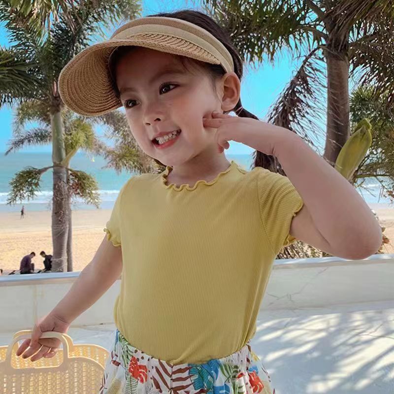 Ddmyshoesvip Ice Silk Short Sleeved T Shirt New Korean Version Versatile Summer Clothes For Girls Babies Striped Stylish With Black Fungus Edges