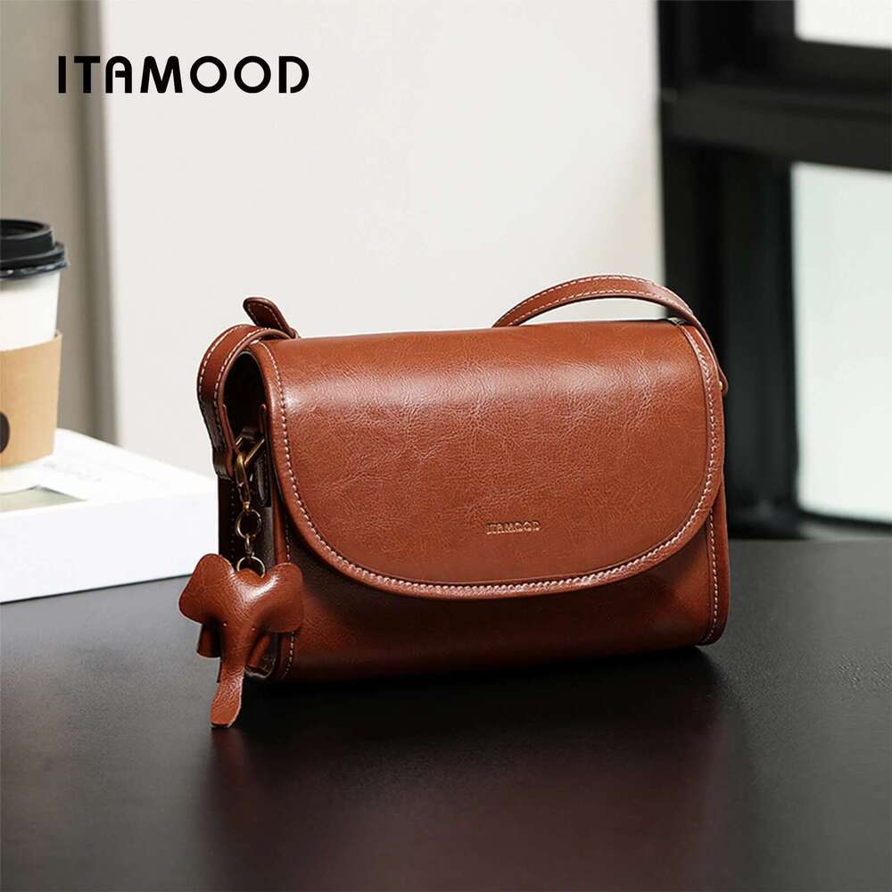 ITAMOOD Texture Leather Square Senior Sense Of Retro Small Shoulder Bag Fashion Handbag With Cute Elephant Pendant