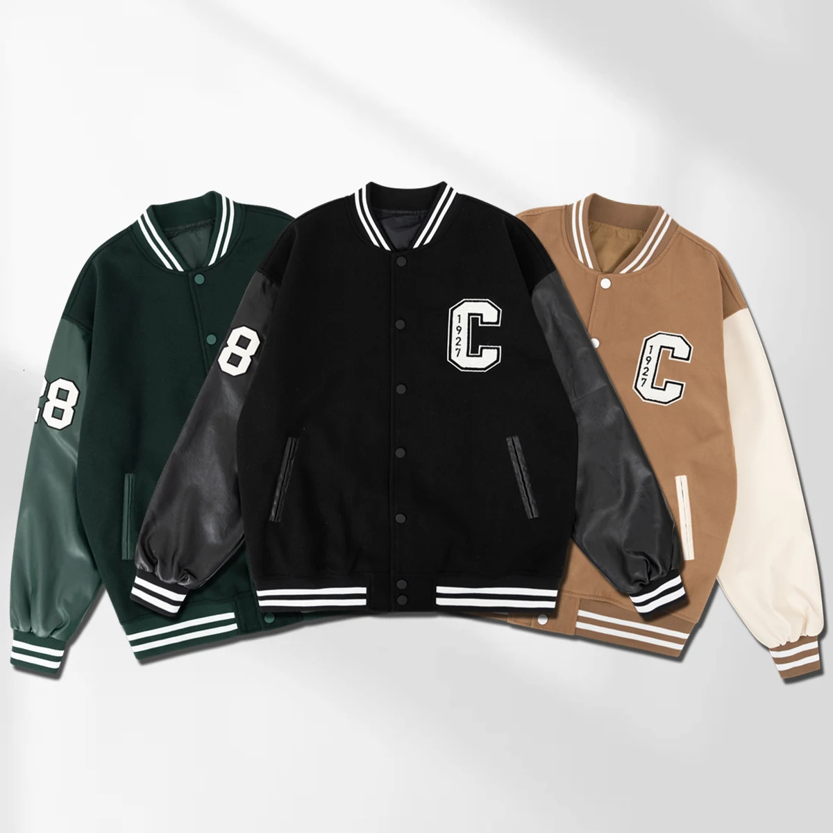 Mens school team jacket C ed baseball bomber unisex retro Letterman woolsynthetic leather suitable for autumn and spring 250407