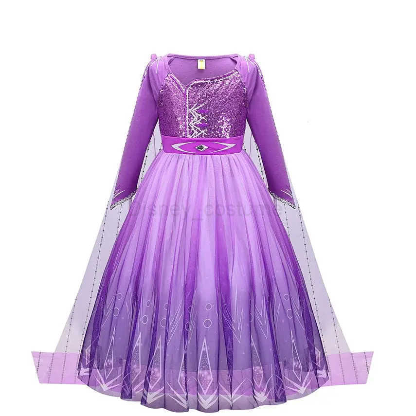 Disney Girl Elsa dress princess cosplay purple sequin grid Halloween long sleeved ball dress birthday party carnival costume X250408