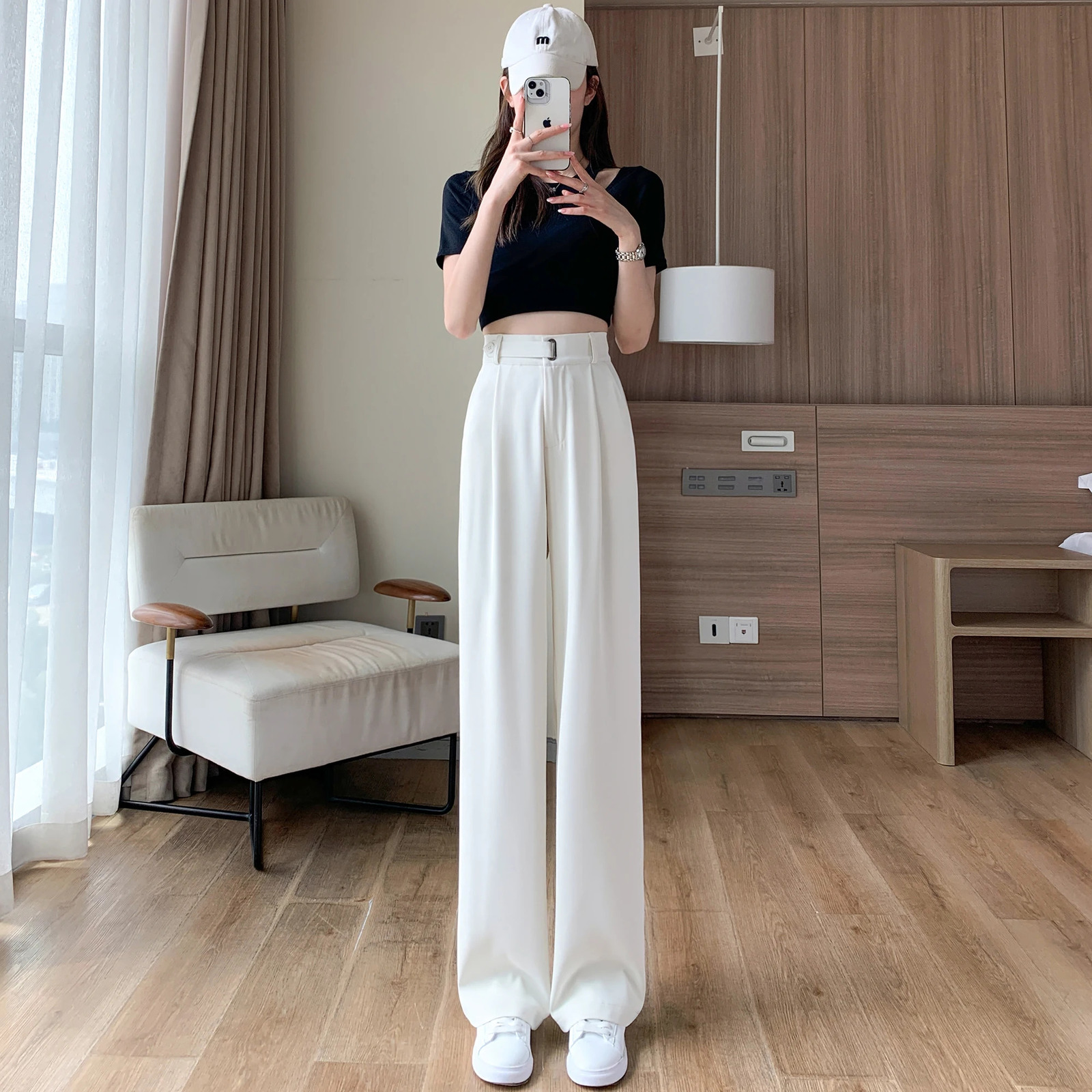 High Waist Set Wide Leg Womens Full Pants Button Spring/Summer Womens Elegant Minimalist Straight Loose Trouser 250402