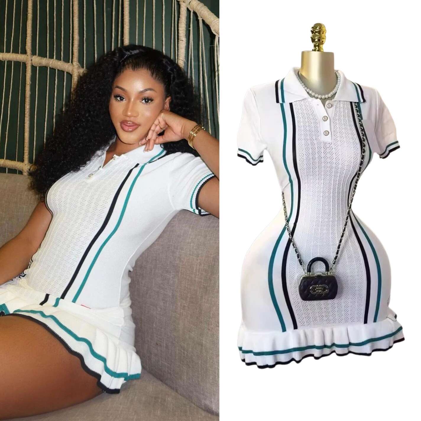 Yuoomuoo Chic Fashion Sexy Package Hips Knitted Mini 2025 Summer Vintage Turn-Down Collar Ruffled Party Dress Streetrwear
