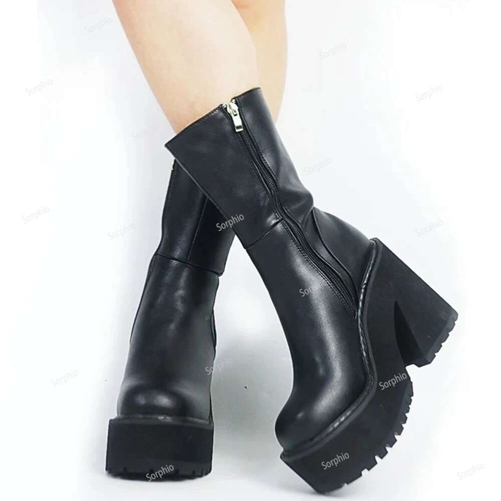 Sorphio-Women's Zippered Half-Rod Thick Platform Boots, High Heel, Round Tip, Punk Style, Fashionable #ddmykukumalu ddmykukumalu