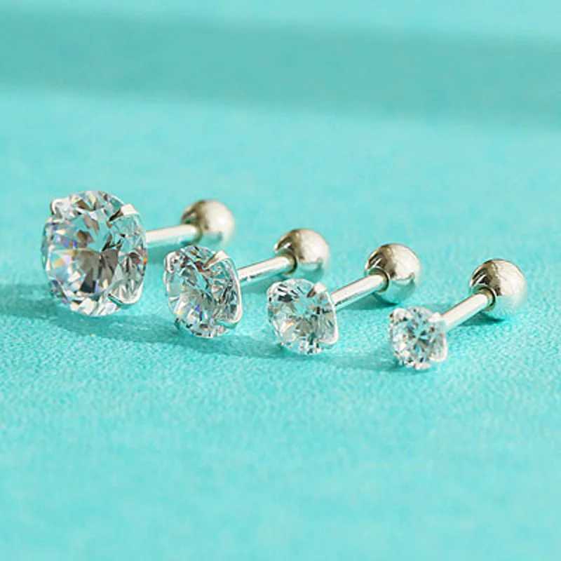 1Pair 925 Sterling Silver Bead Screw Stud Earrings for Women Men Simple 3-6mm Round Cubic Zirconia Ear Body Piercing JewelryC250407