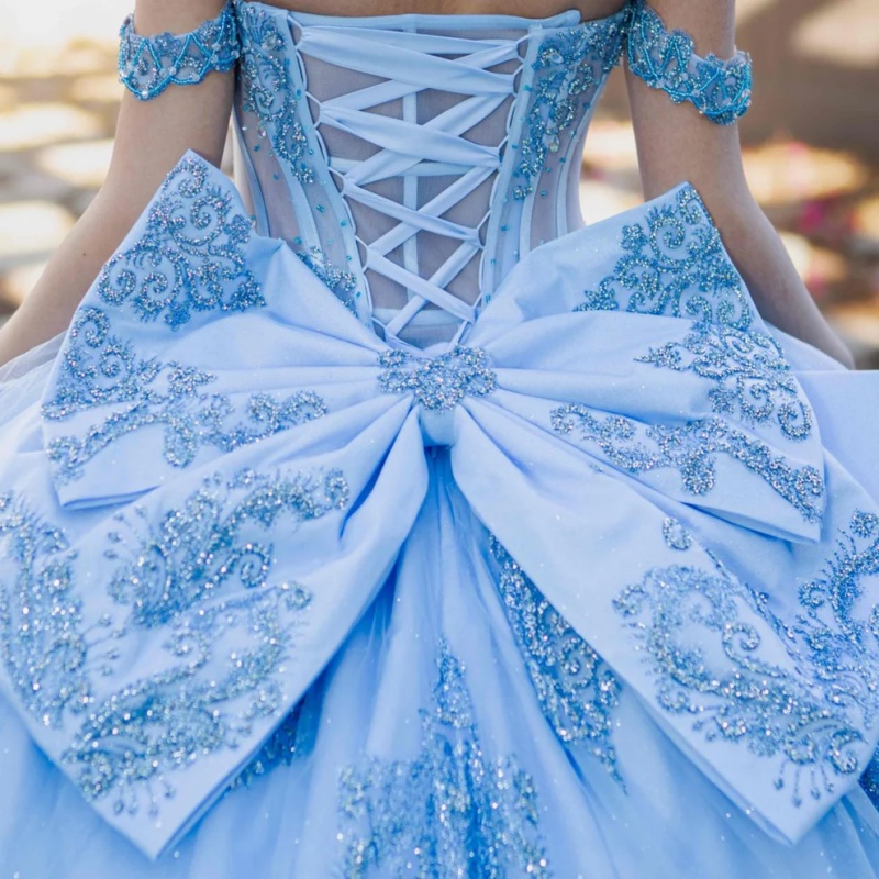 Sky Blue Quinceanera Dresses Off Shoulder Ball Gown Sweet 16 Dress Applique Lace Beads Bow Tull Birthday Party Vestidos 15 De Anos