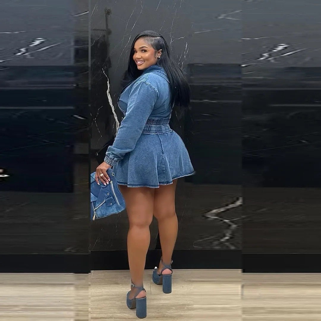 CM.YAYA Denim Women Set Street Long Sleeve Hooded Jacket and A-line Ball Gown Skirt Suits Two 2 Piece Jeans Set Summer Tracksuit 250408