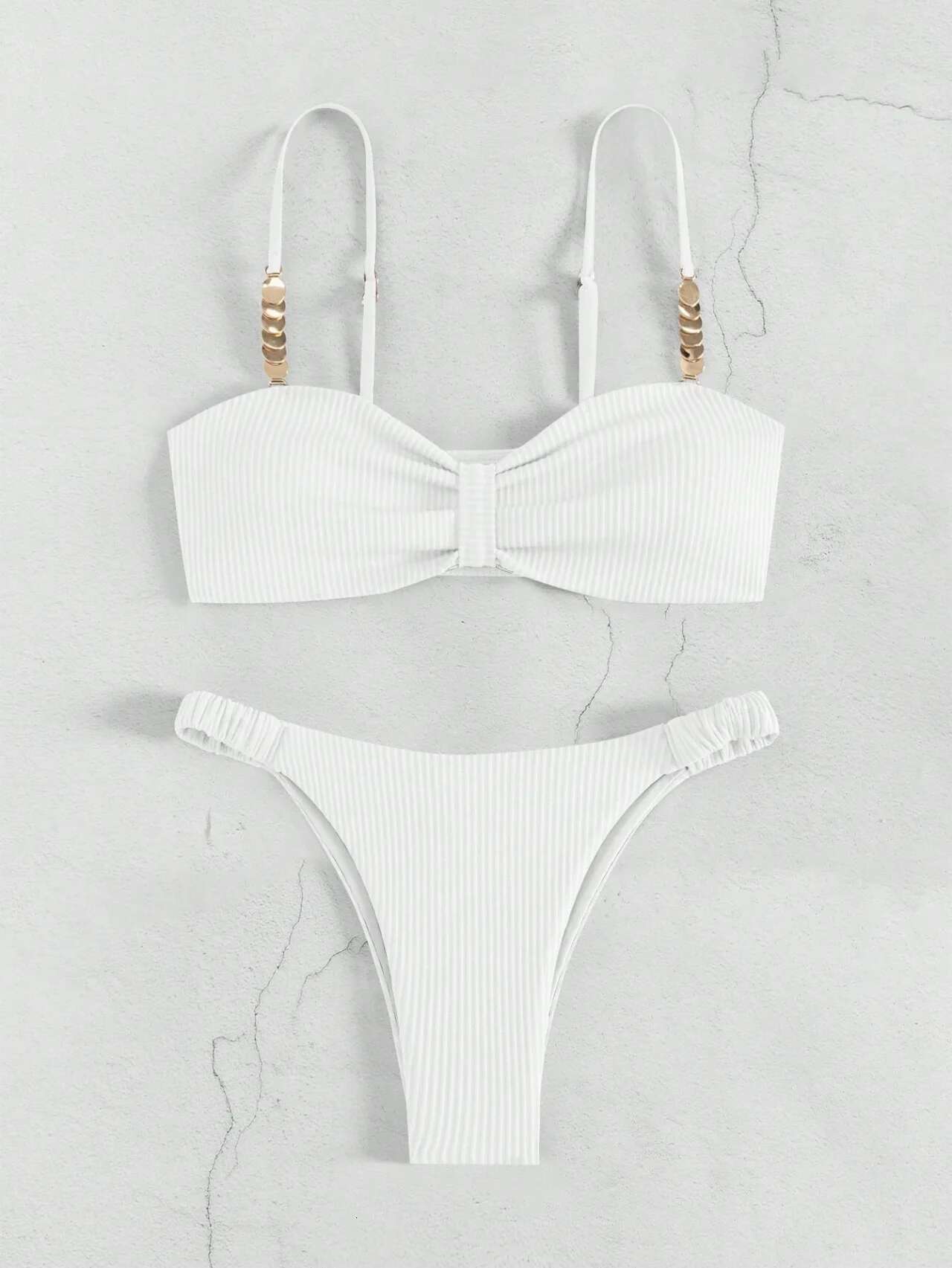 Dongdumaoyi Sexy Front Bow Push Up Bikini Set Women Metal Strap Hollow Out Bra Pleate Thong Swimsuit Summer Bathing Suit White Swimwear