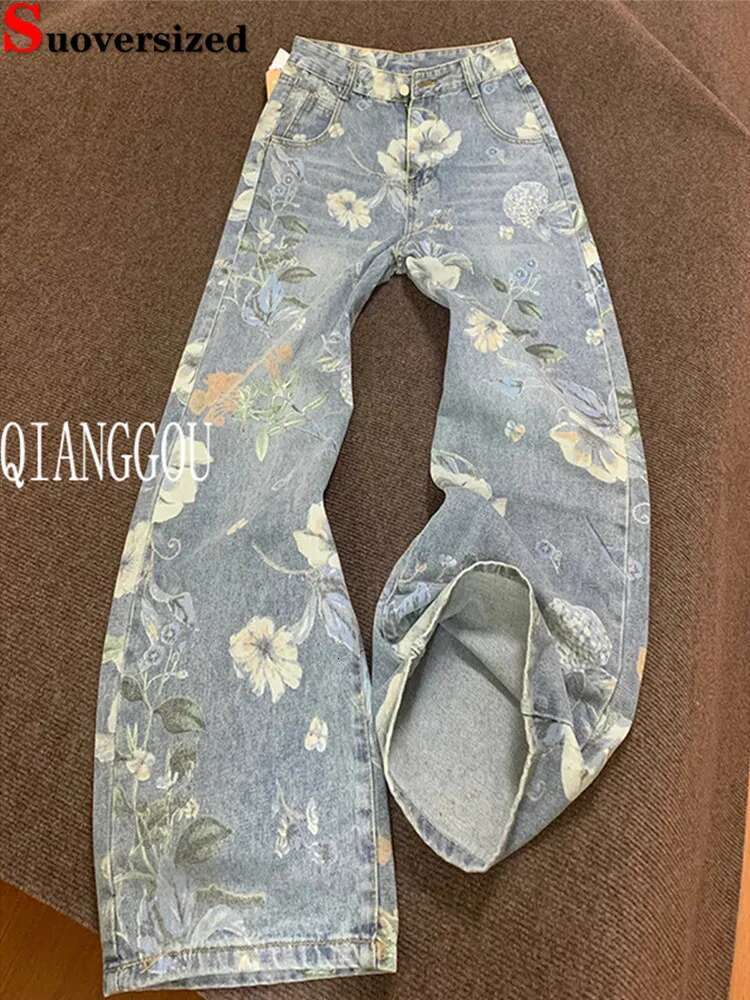 Print wers Design Wide Leg Jeans High Waist Korea Fahion Trousers Casual Baggy Straight Vaqueros Streetwear Women Denim Pants